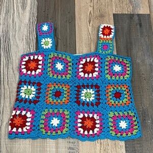 Rare Editions Youth Girls Blue Multi Color Crochet Tank Top Sz 16 GrannyCore